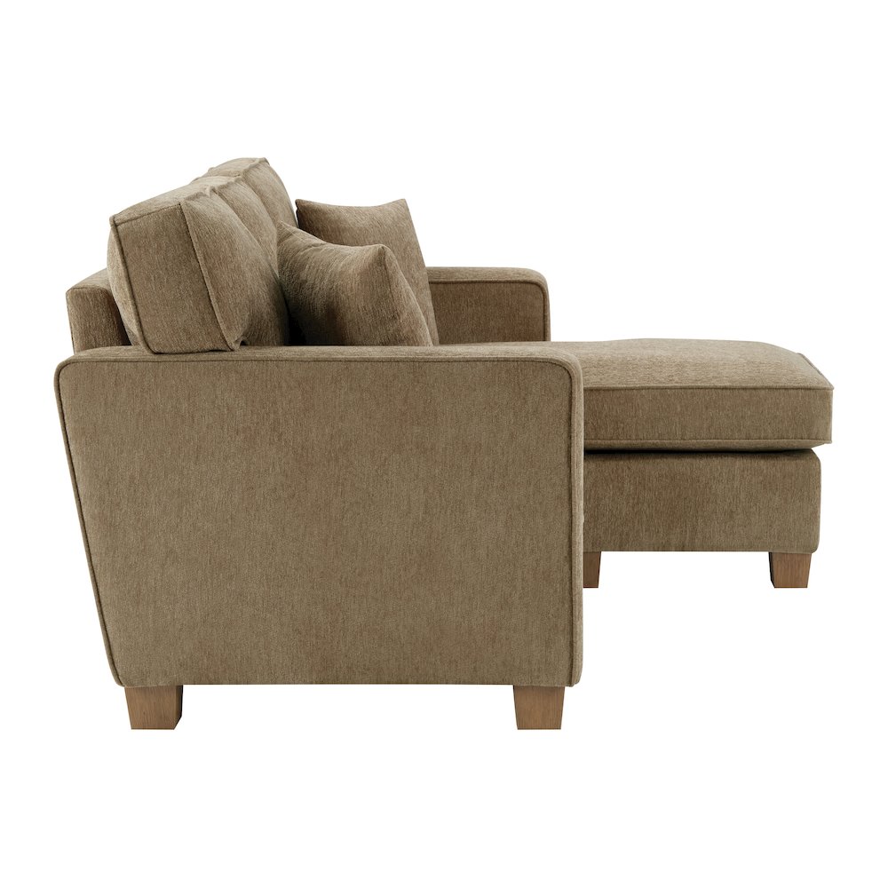 Sectional in Taupe fabric with 2 Pillows and Medium Oak Finished Wood Legs