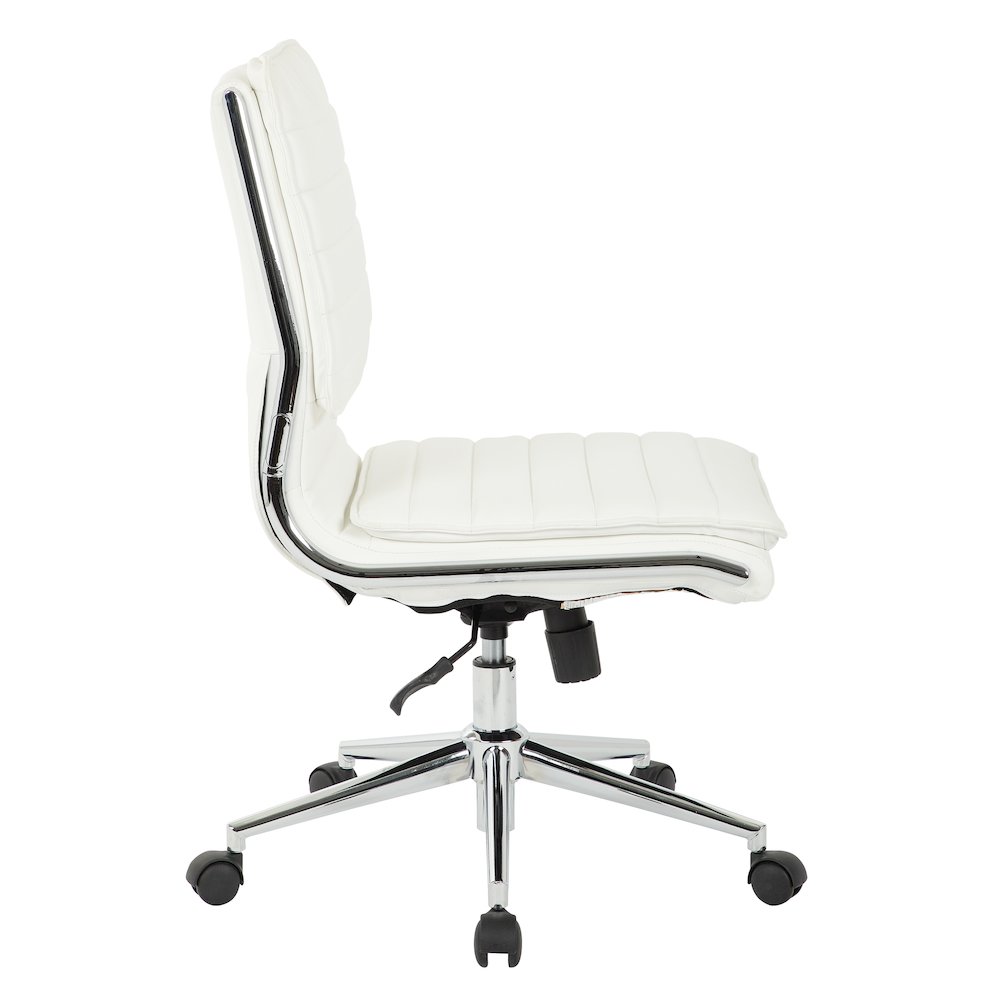 Armless Mid Back Manager’s Faux Leather Chair in White with Chrome Base.
