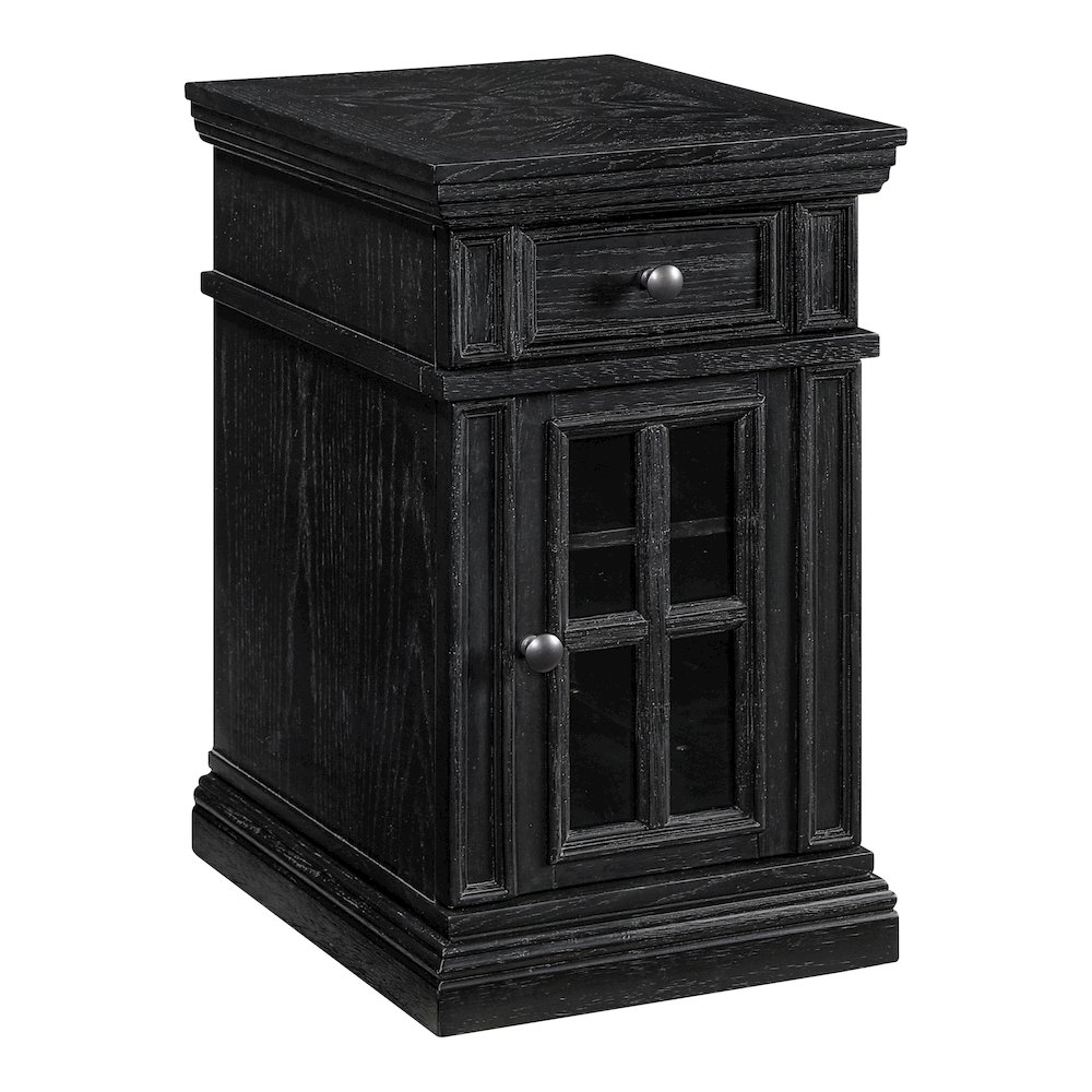 Chair Side Table with 1 Drawer and 1 Glass Door with Power Strip in Black Finish