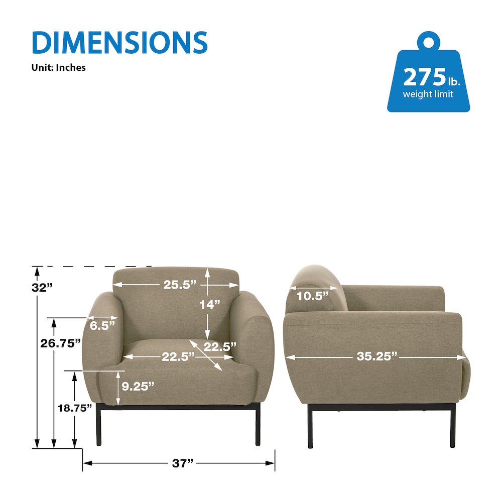 Delta Armchair in Taupe Fabric with Black Metal Legs