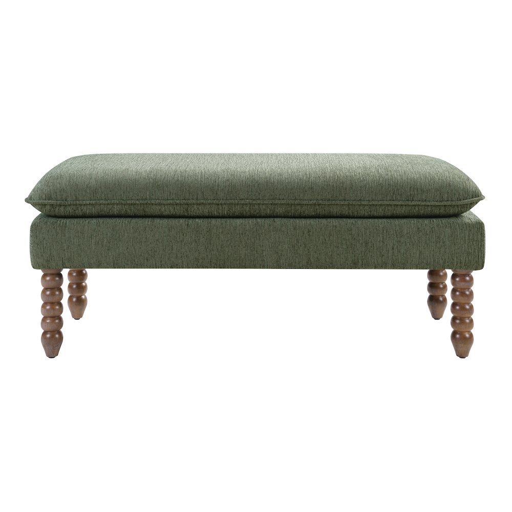 Selina Pillow Top Bench in Pine Fabric With Rustic Brown Finish Spindle Legs