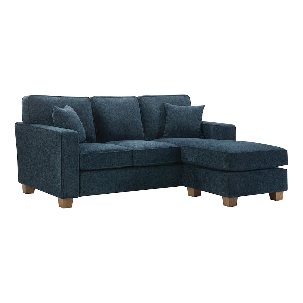Sectional in Navy fabric with 2 Pillows and Medium Oak Finished wood Legs