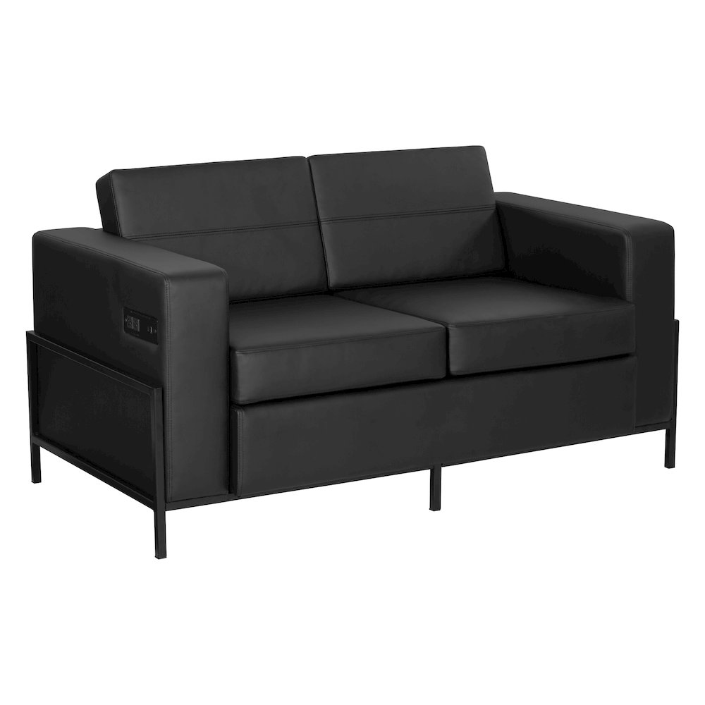 Arctic Loveseat in Black Faux Leather with USB and USB-C Charging Stations