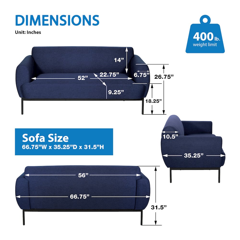Delta Sofa in Navy Fabric with Black Metal Legs