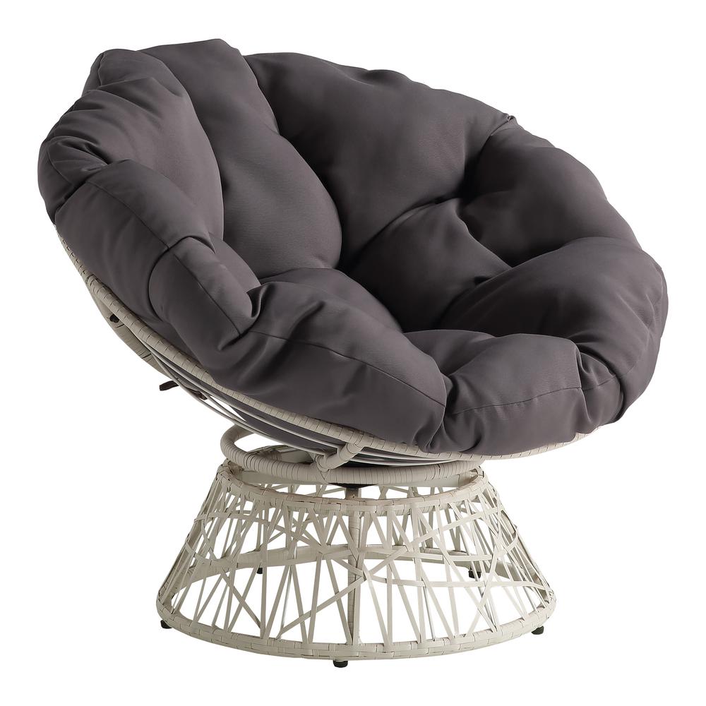 Papasan Chair with Grey Round Pillow Cushion and Cream Wicker Weave