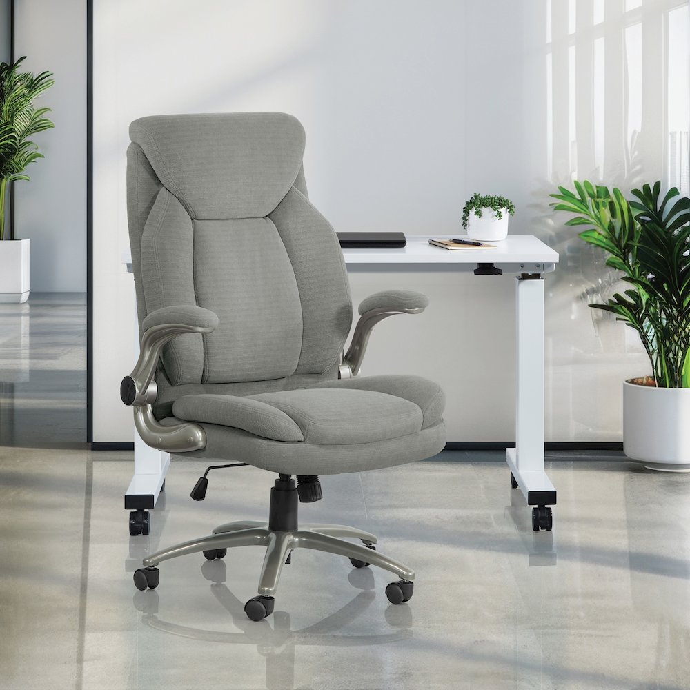 Grey Fabric Big & Tall Chair with Padded Flip Arms and Titanium Base.