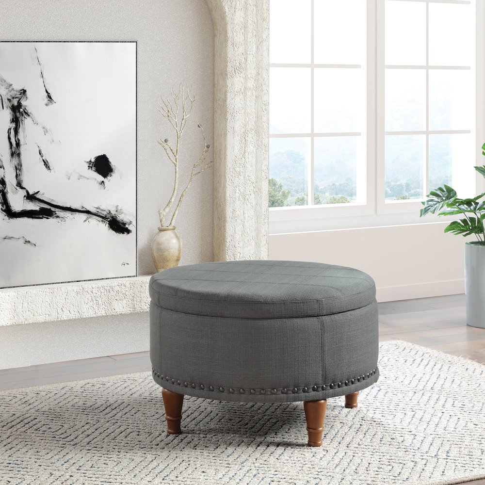 Alloway Storage Ottoman in Charcoal Fabric with Antique Bronze Nailheads