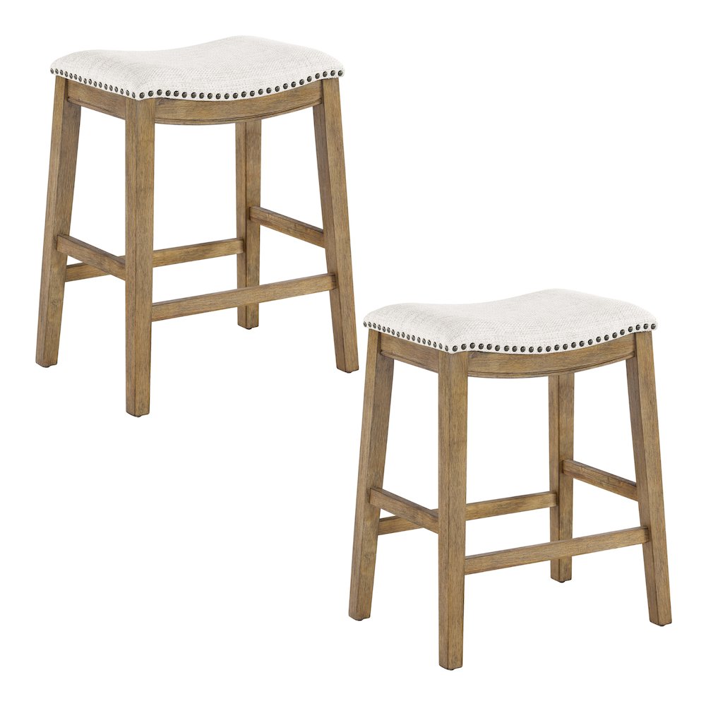 Saddle Stool 24″ in Linen Fabric With Medium Oak Wood Finish 2-Pack