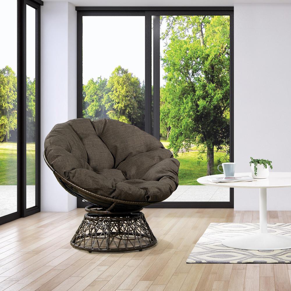 Papasan Chair with Brown Round Pillow Cushion and Brown Wicker Weave