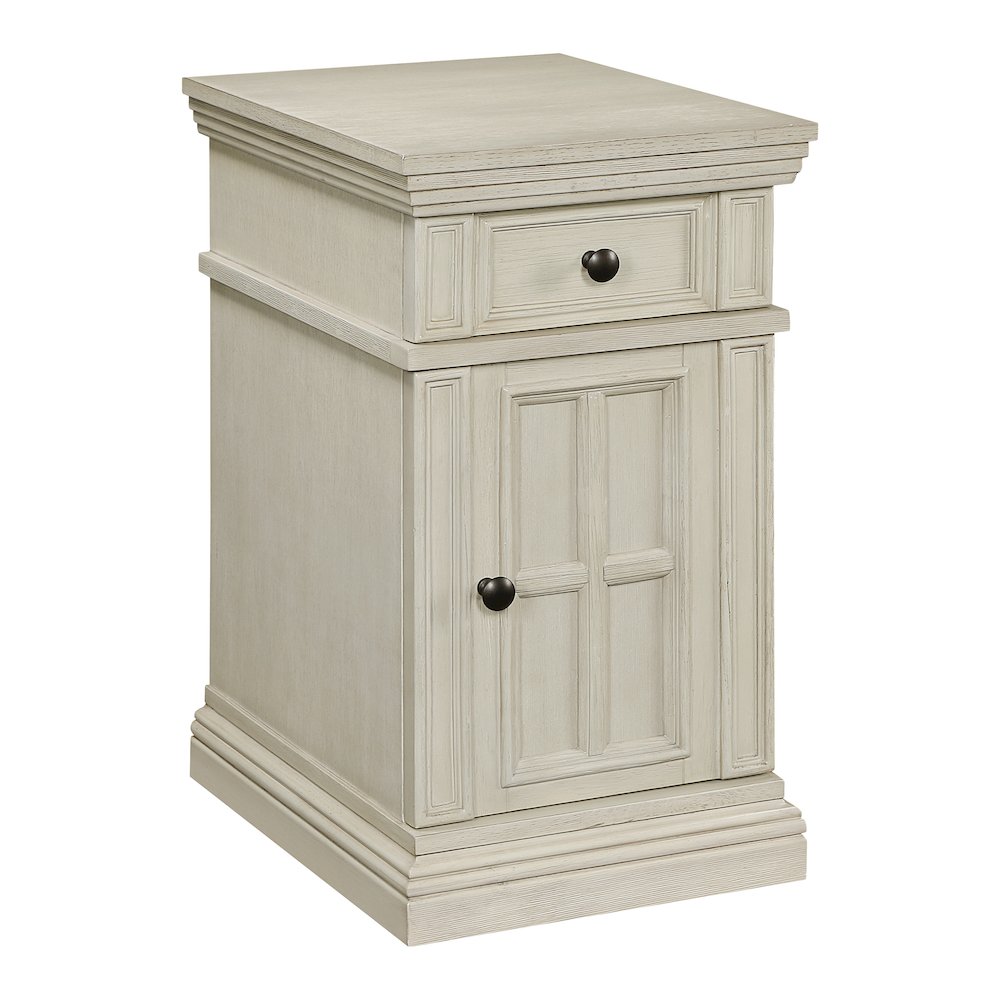 Chair Side Table with 1 Drawer and 1 Glass Door with Power Strip in White Finish