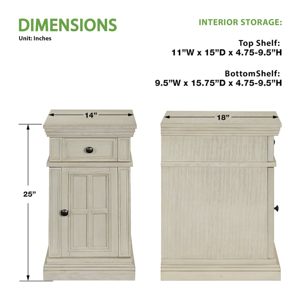 Chair Side Table with 1 Drawer and 1 Glass Door with Power Strip in White Finish