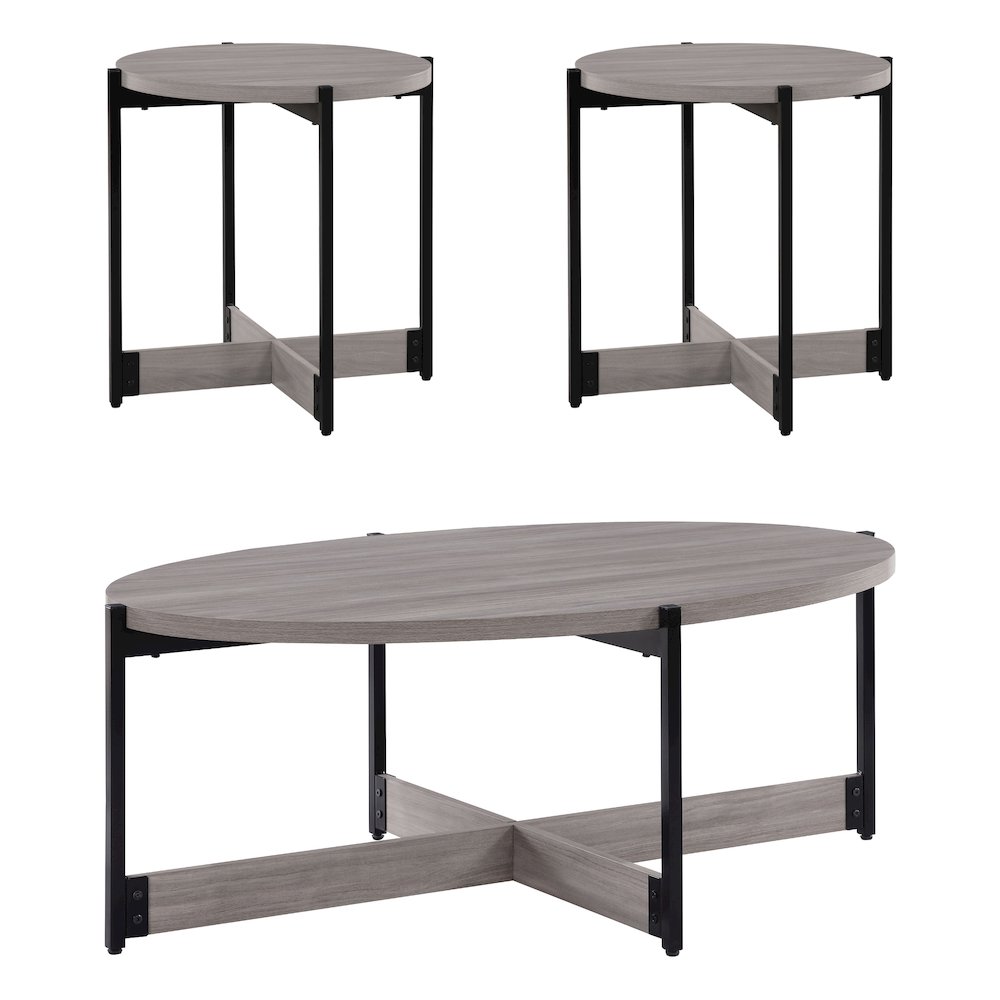 3 Piece Occasional Table Set in Grey Woodgrain Finish with Black Metal Legs