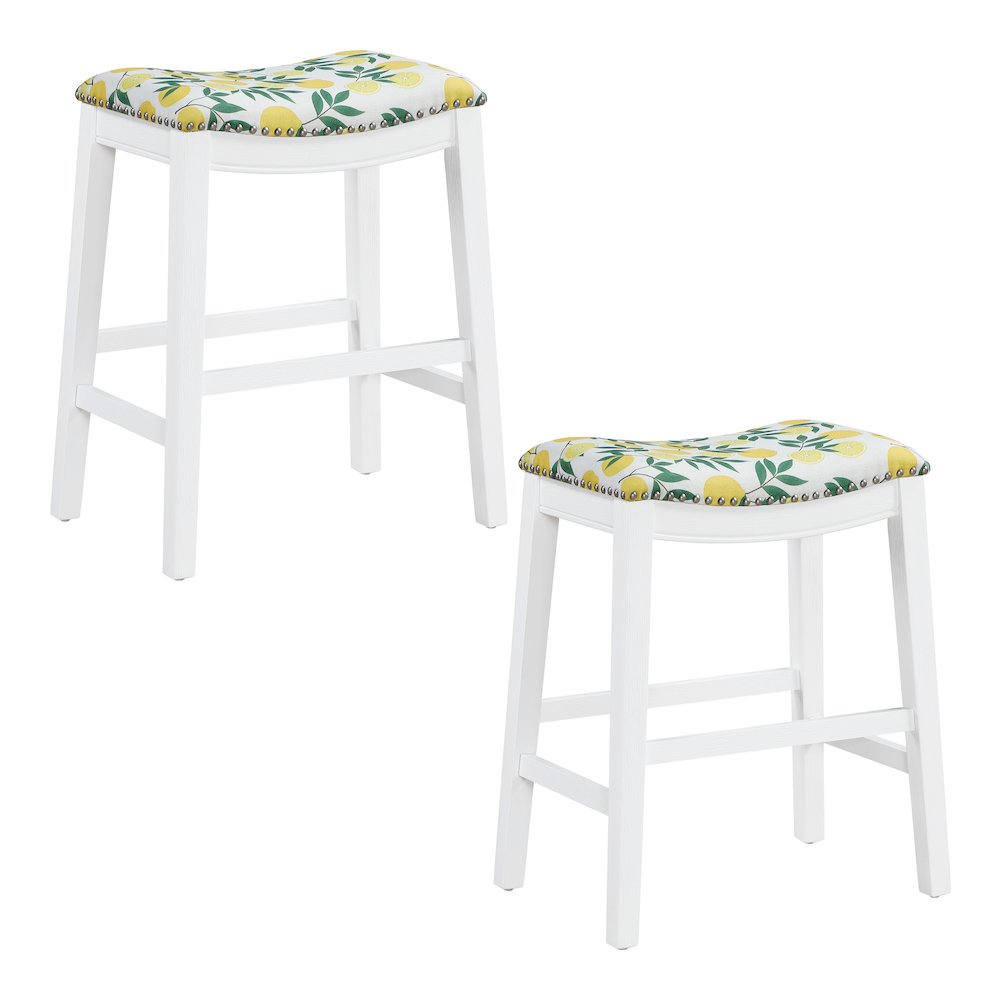 Saddle Stool 24″ in lemons Fabric With White Wood Finish 2-Pack