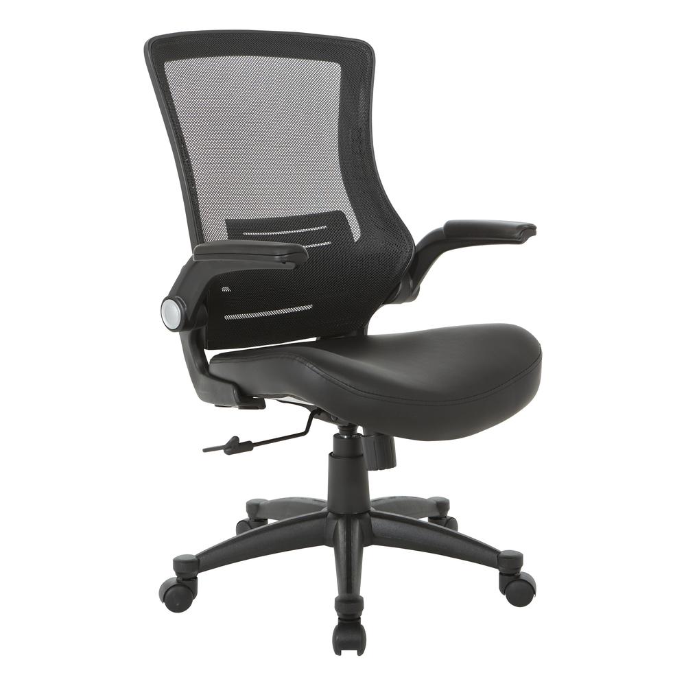 Screen Back Manager’s Chair in Black Faux Leather Seat with PU Padded Flip Arms with Silver Accents