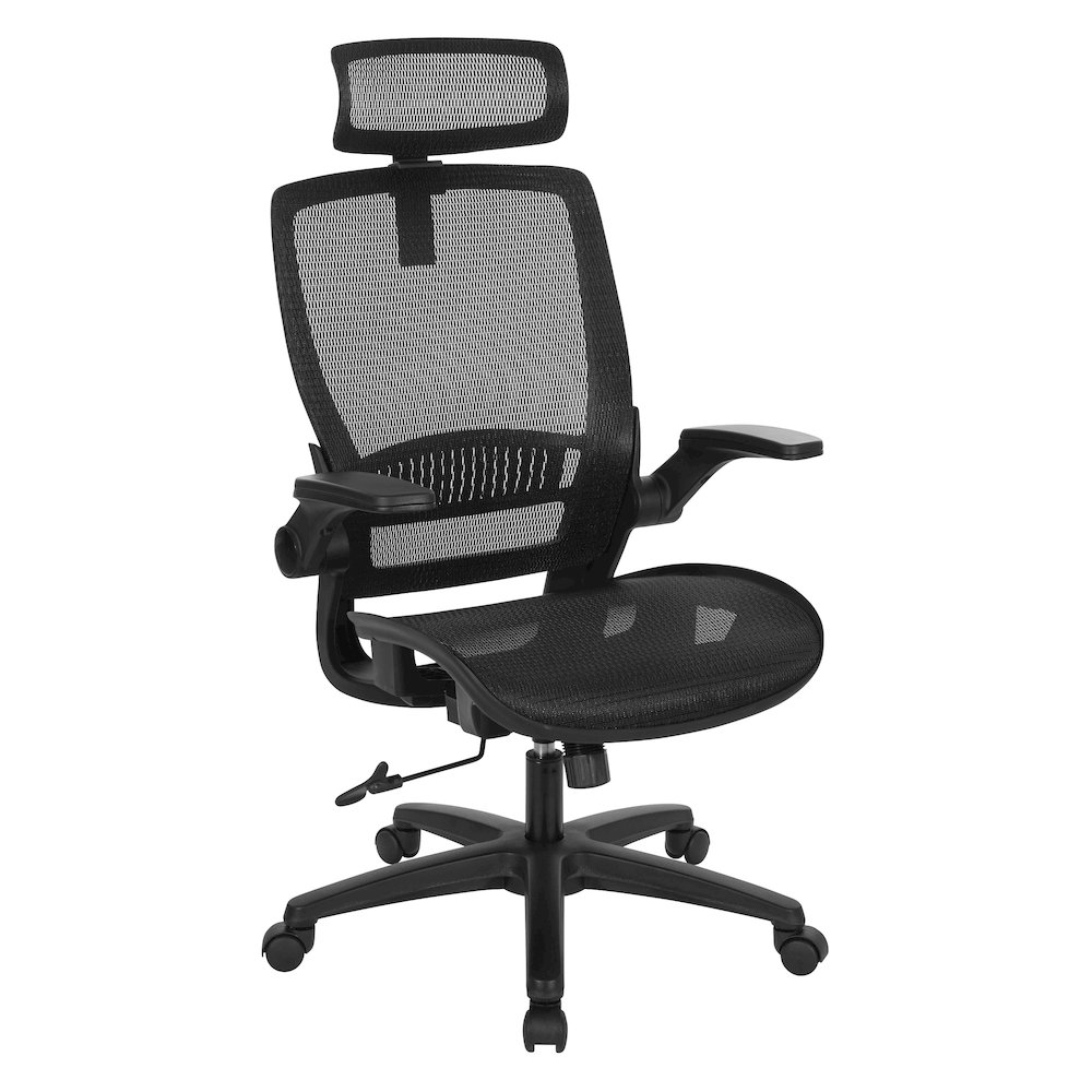 Managers Chair With Mesh Back And Seat And Adjustable Flip Arms And Headrest