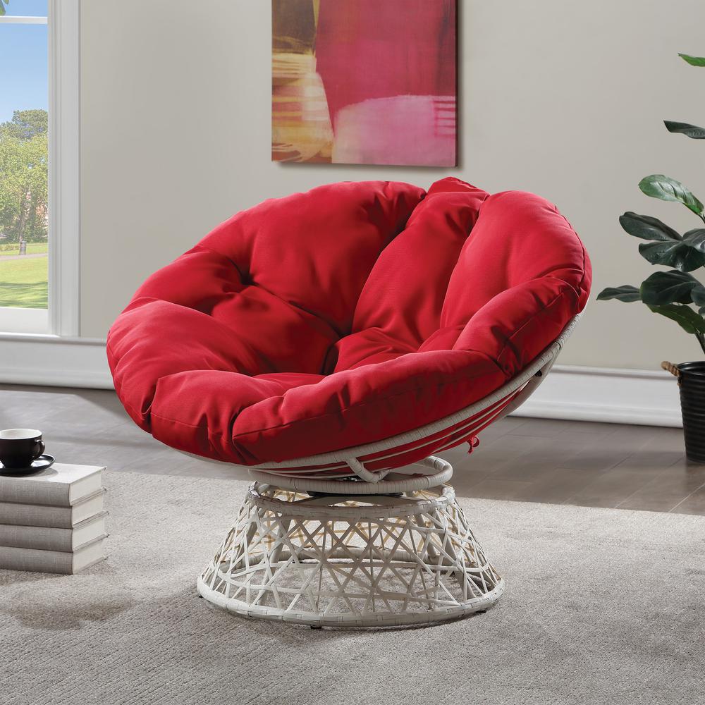 Papasan Chair with Red Round Pillow Cushion and Cream Wicker Weave