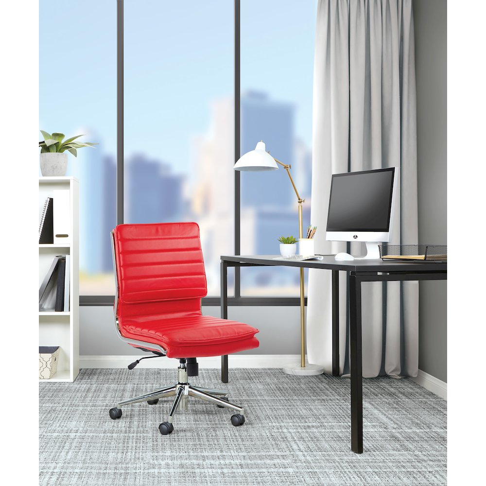 Armless Mid Back Manager’s Faux Leather Chair in Red with Chrome Base.