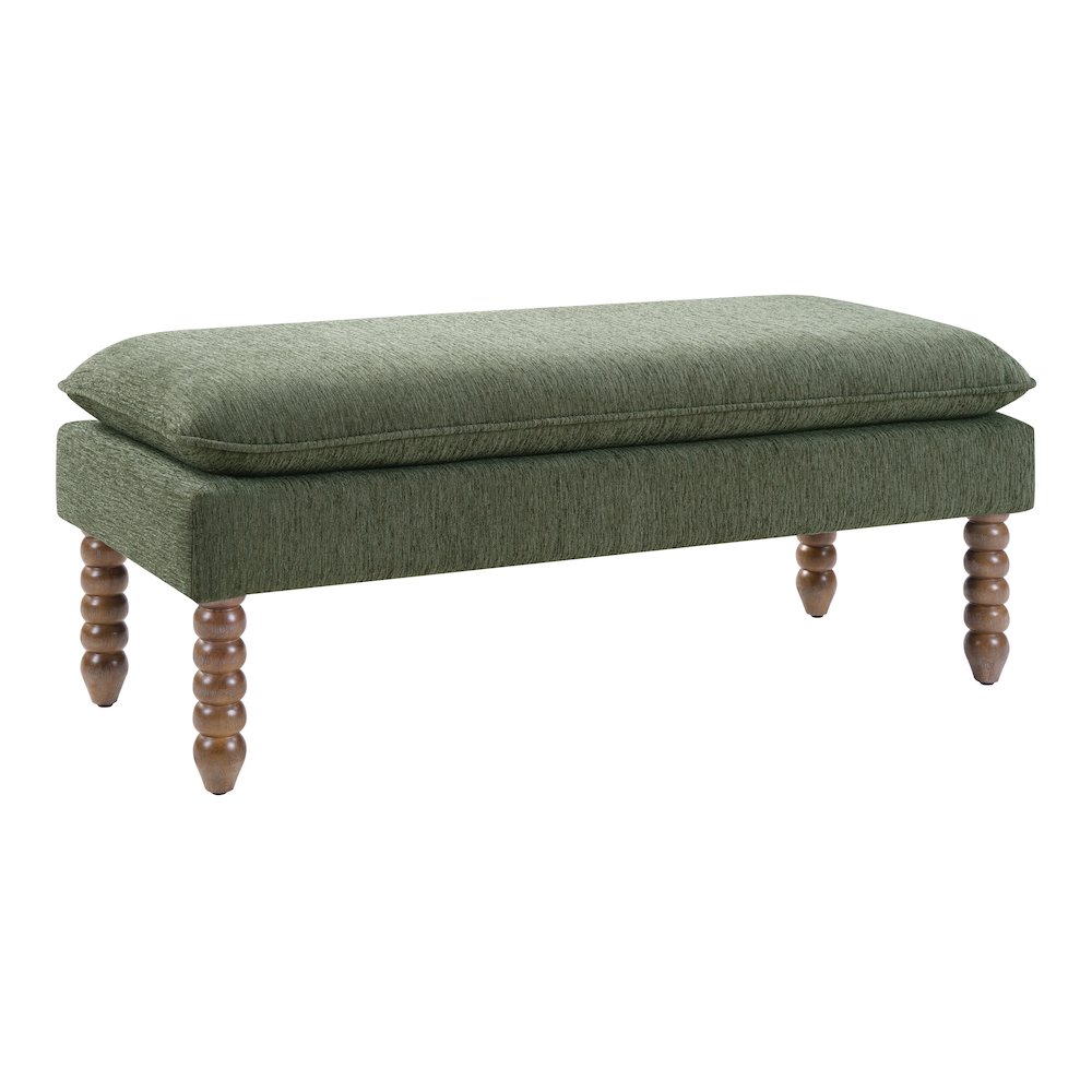 Selina Pillow Top Bench in Pine Fabric With Rustic Brown Finish Spindle Legs