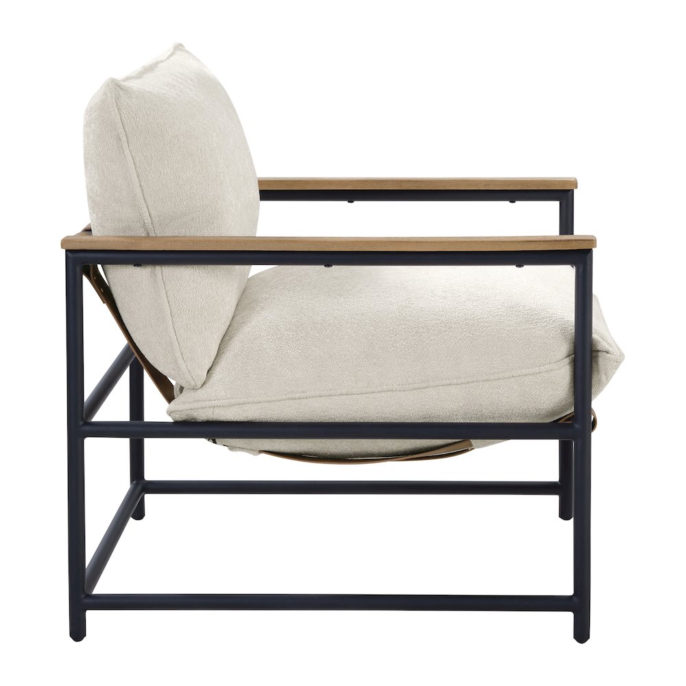 Telly Sling Chair in Ivory Fabric with Oak Wood Arms and Black Steel Frame