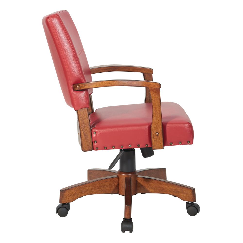 Deluxe Wood Bankers Chair in Red Faux Leather with Antique Bronze Nailheads and Medium Brown Wood