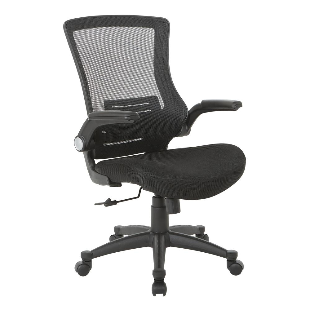 Screen Back Manager’s Chair in Black Mesh Seat with PU Padded Flip Arms with Silver Accents