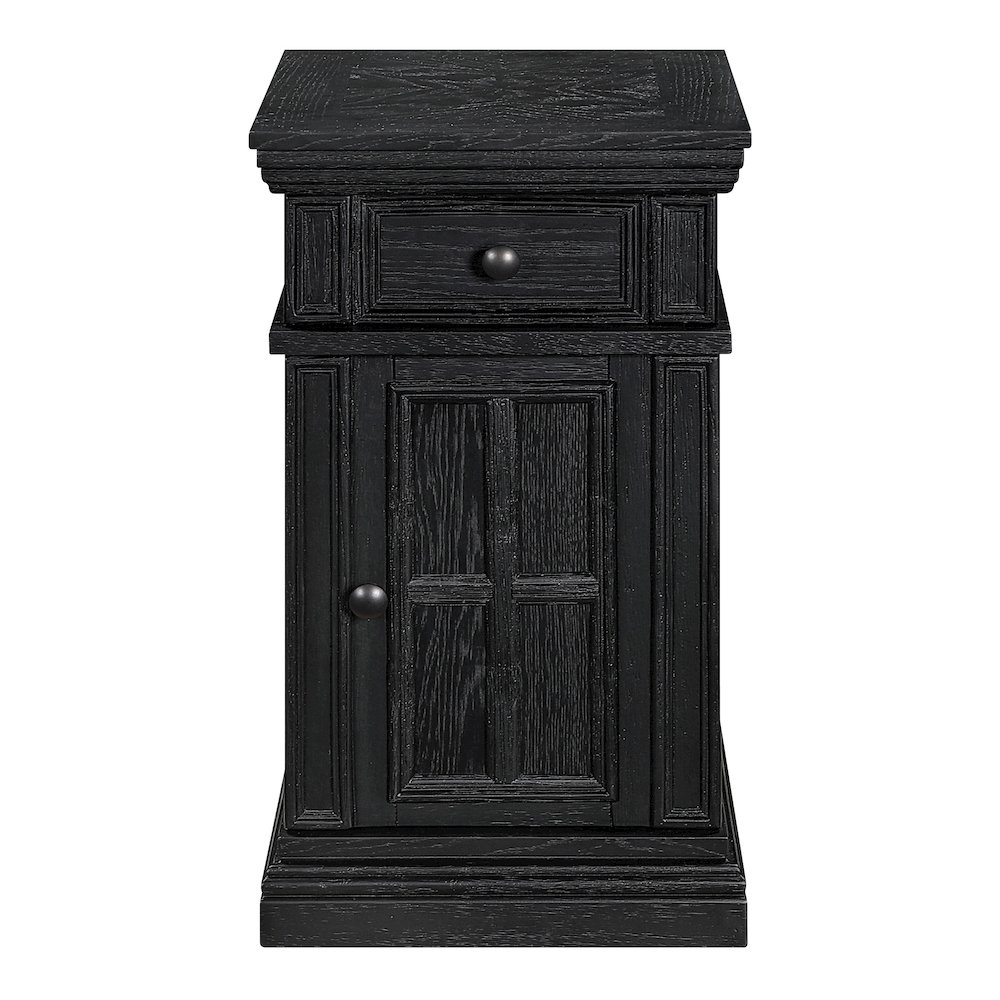 Chair Side Table with 1 Drawer and 1 Glass Door with Power Strip in Black Finish