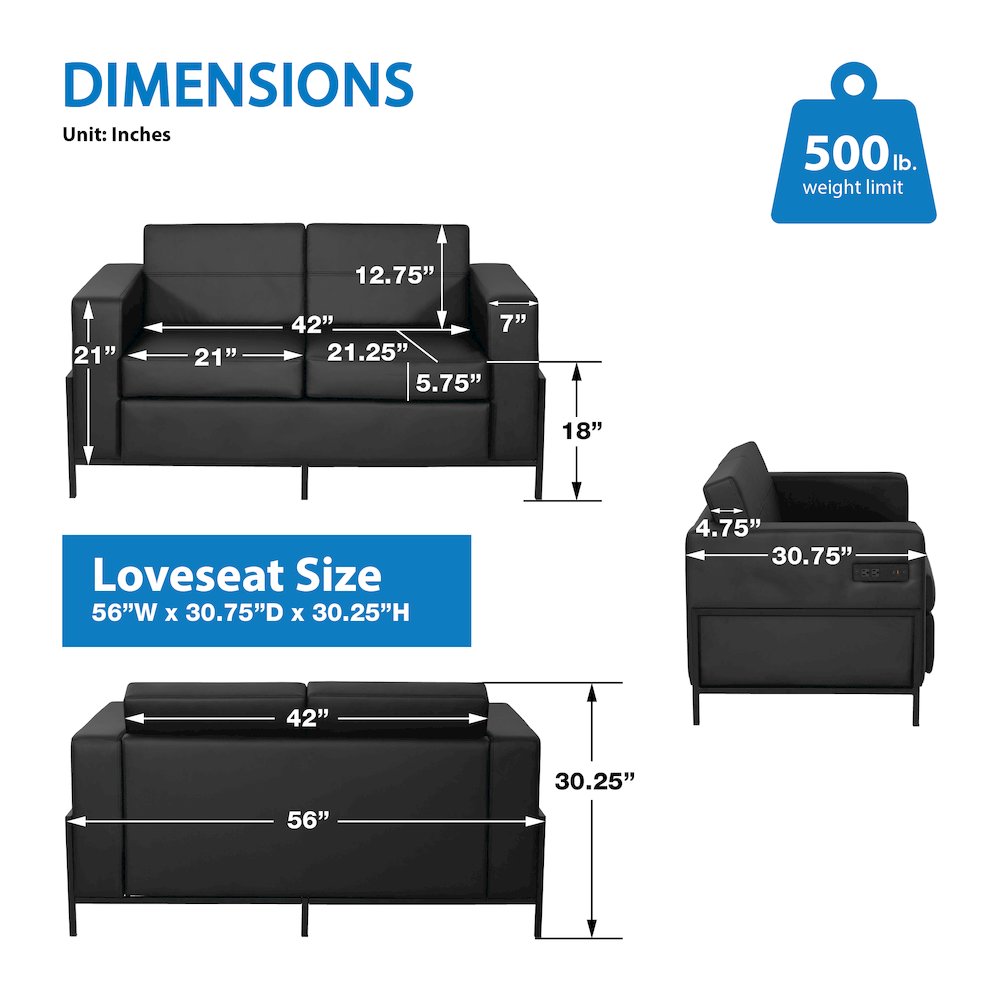 Arctic Loveseat in Black Faux Leather with USB and USB-C Charging Stations