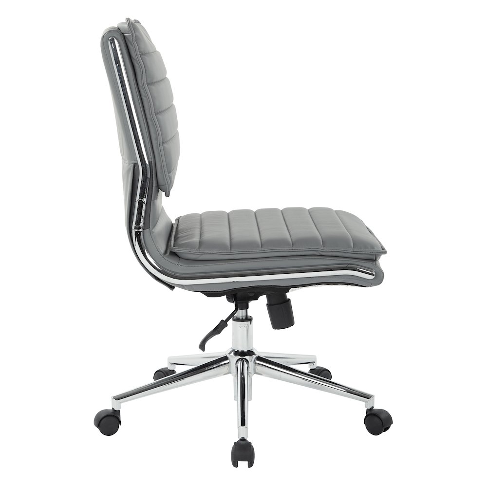 Armless Mid Back Manager’s Faux Leather Chair in Charcoal with Chrome Base.