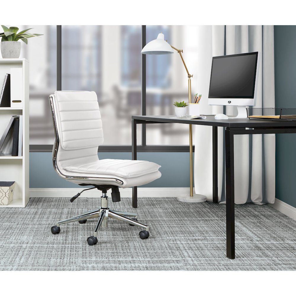 Armless Mid Back Manager’s Faux Leather Chair in White with Chrome Base.