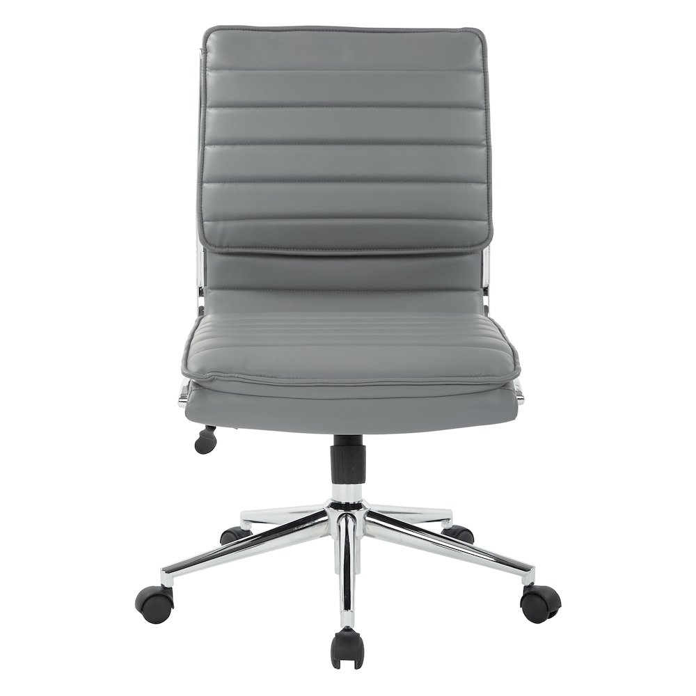 Armless Mid Back Manager’s Faux Leather Chair in Charcoal with Chrome Base.