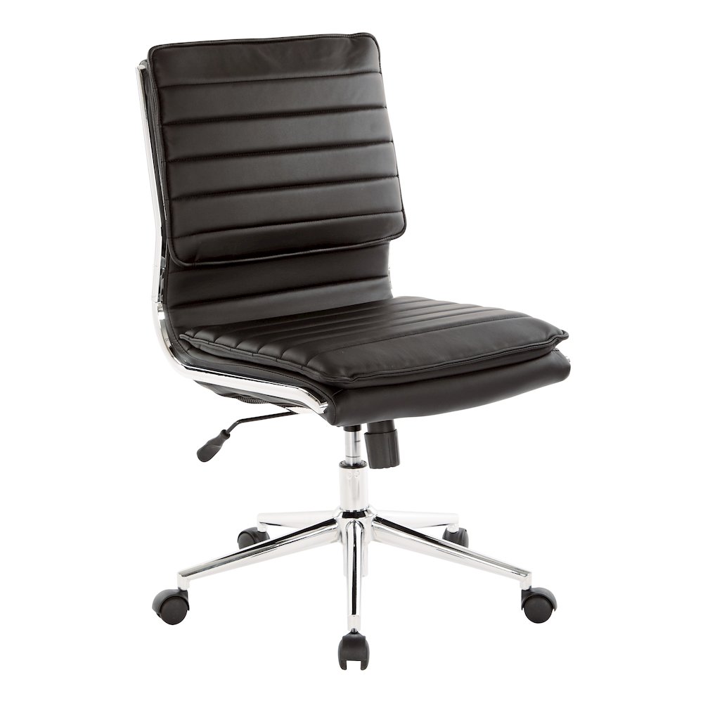 Armless Mid Back Manager’s Faux Leather Chair in Black with Chrome Base.