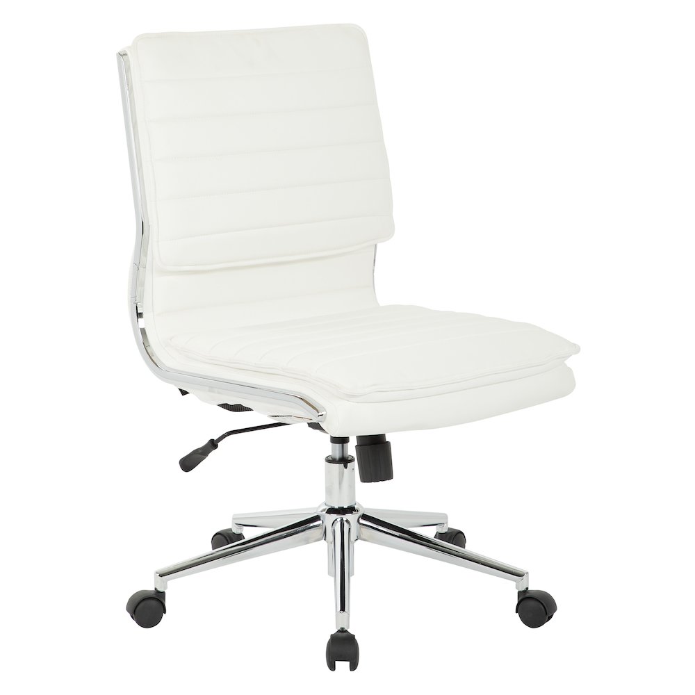 Armless Mid Back Manager’s Faux Leather Chair in White with Chrome Base.
