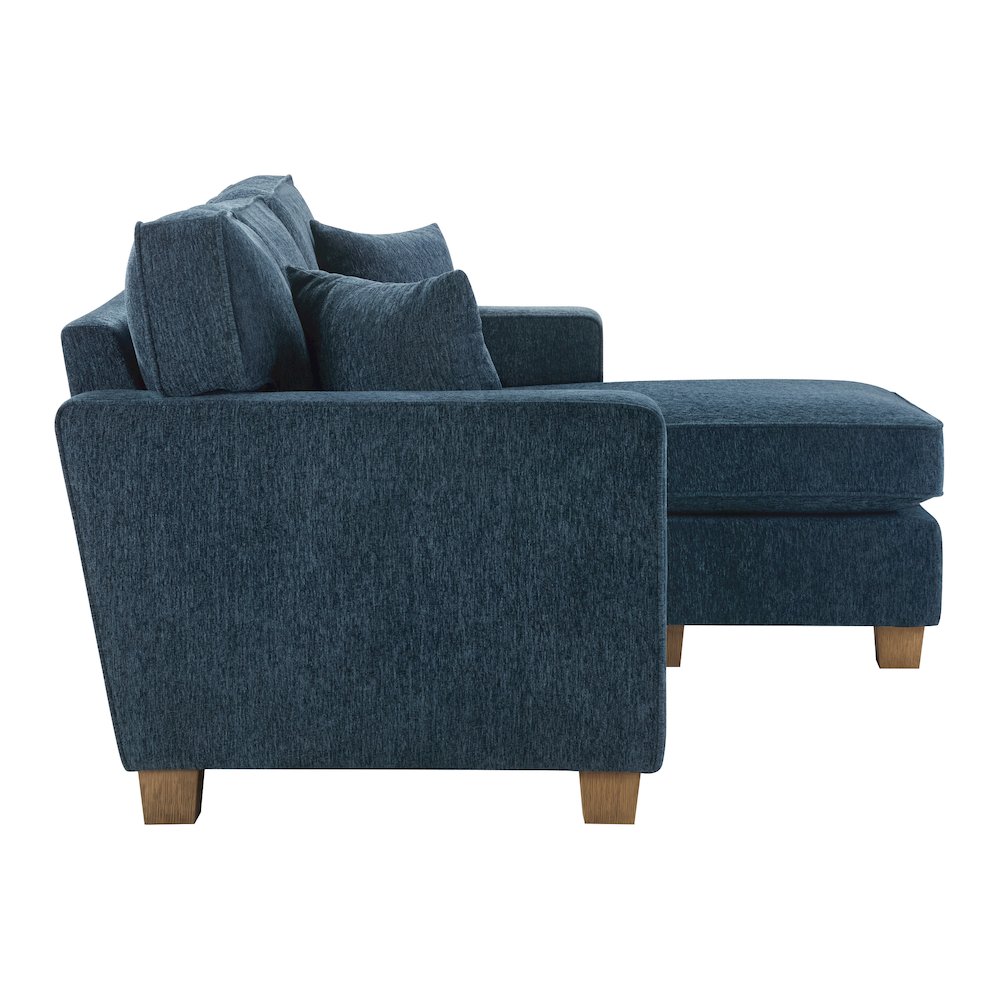 Sectional in Navy fabric with 2 Pillows and Medium Oak Finished wood Legs