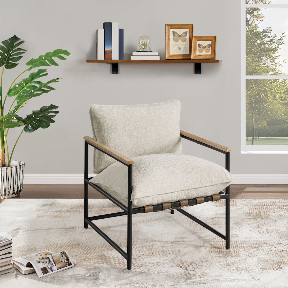 Telly Sling Chair in Ivory Fabric with Oak Wood Arms and Black Steel Frame