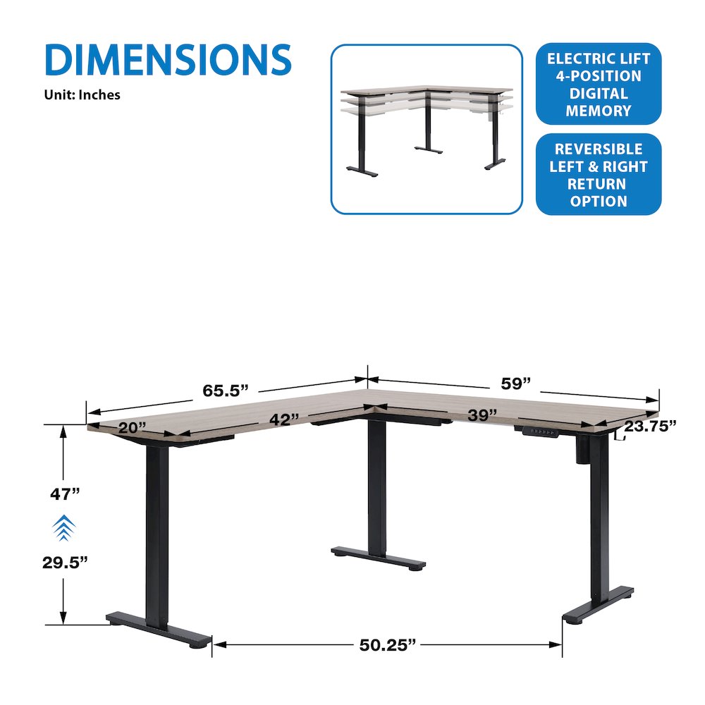 Primo 60” Sit/Stand L-Shape Electric Desk with Light Grey Top and Black Base