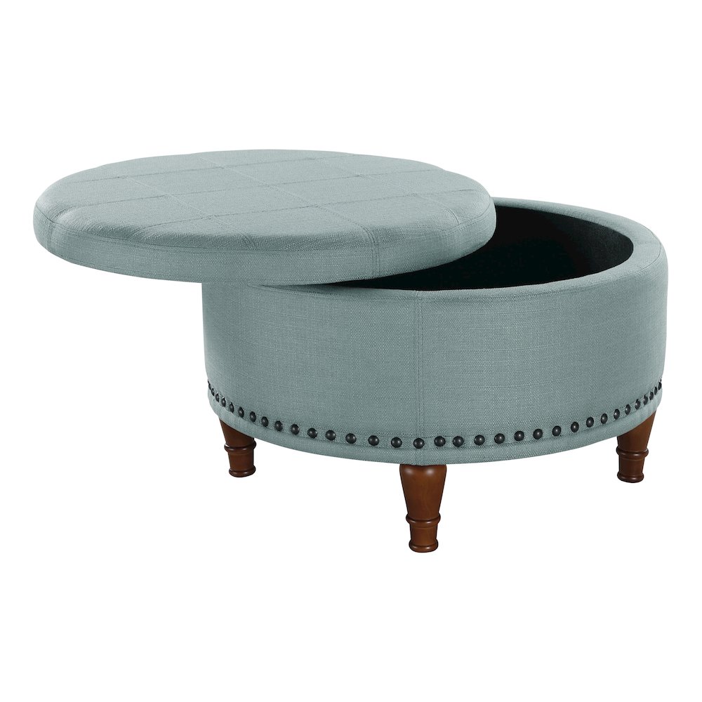Alloway Storage Ottoman in Sea Blue Fabric with Antique Bronze Nailheads