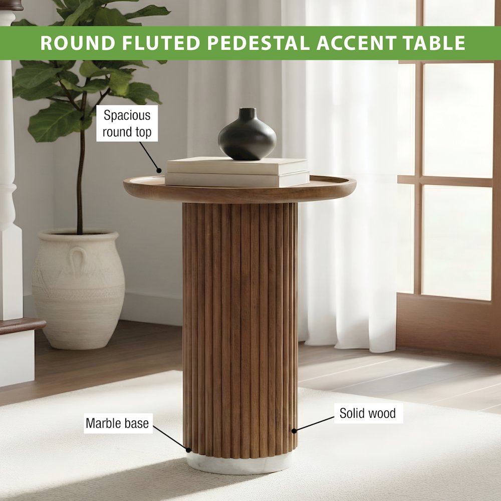 Round Solid Wood Pedestal Fluted Accent Table in Golden Honey Finish