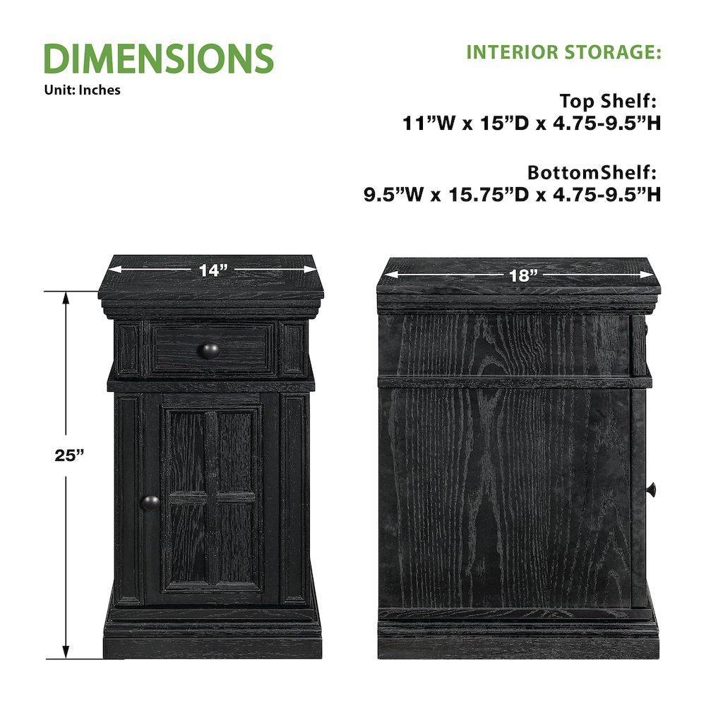 Chair Side Table with 1 Drawer and 1 Glass Door with Power Strip in Black Finish