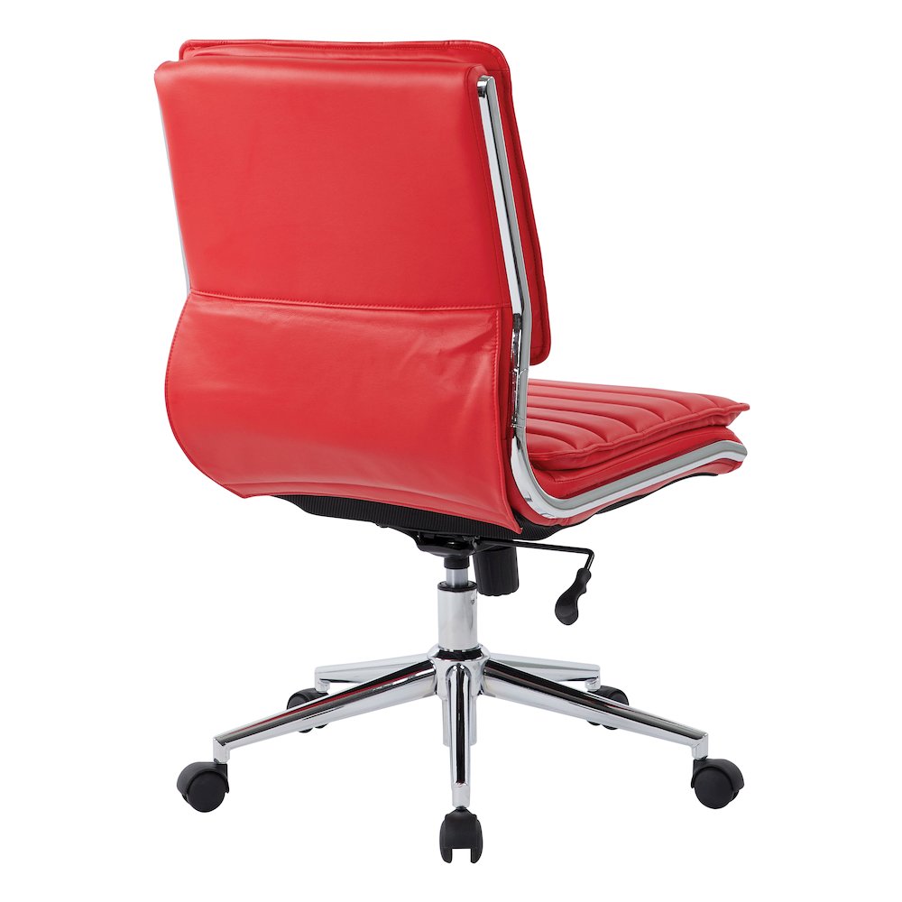 Armless Mid Back Manager’s Faux Leather Chair in Red with Chrome Base.