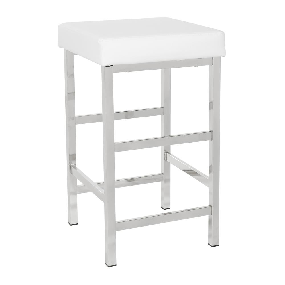 26″ Backless Stool in White Fabric with Polished Chrome Legs