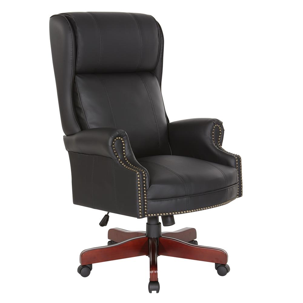 Traditional Executive High Back Chair with Black Vinyl and Brass Finish Nail Trim Upholstery