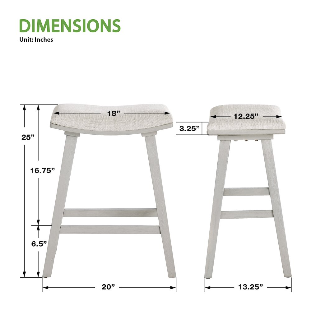 Coley 24″ Saddle Stool 2-Pack With Linen Fabric Seat And White Wash Frame