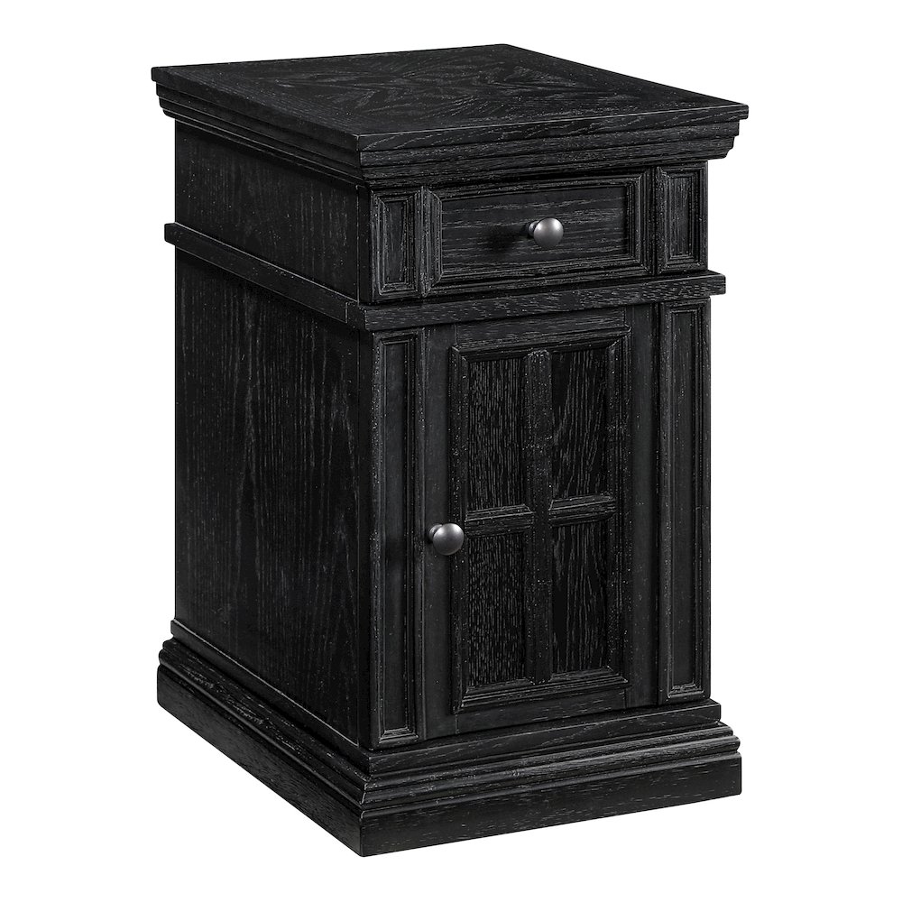 Chair Side Table with 1 Drawer and 1 Glass Door with Power Strip in Black Finish