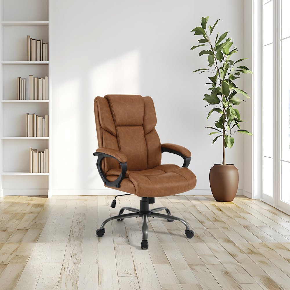 Mid-Back in Saddle Faux Leather Executive Chair with Padded Arms