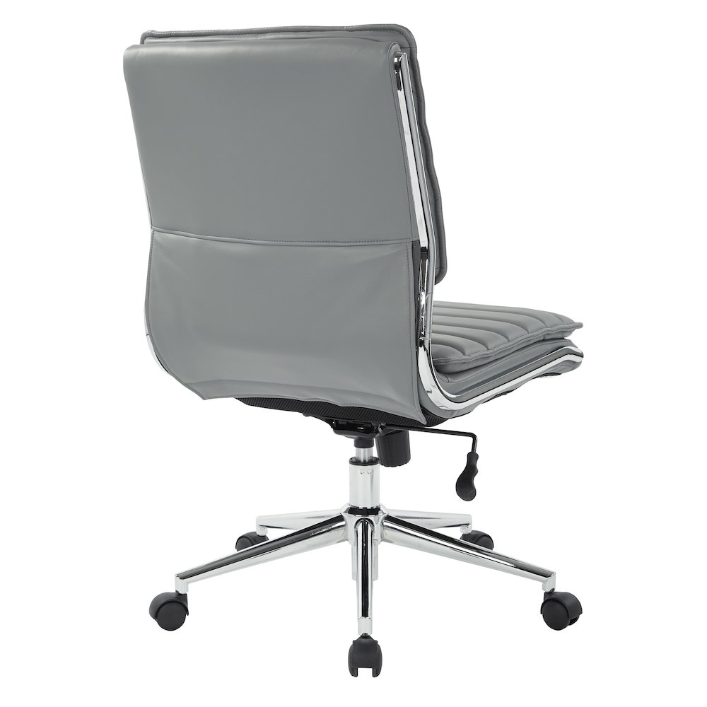 Armless Mid Back Manager’s Faux Leather Chair in Charcoal with Chrome Base.