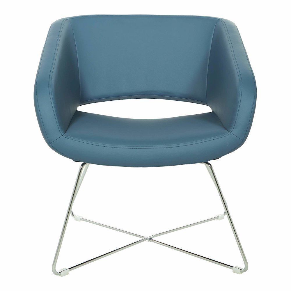 Lounge Chair in Blue Faux Leather with Chrome Base