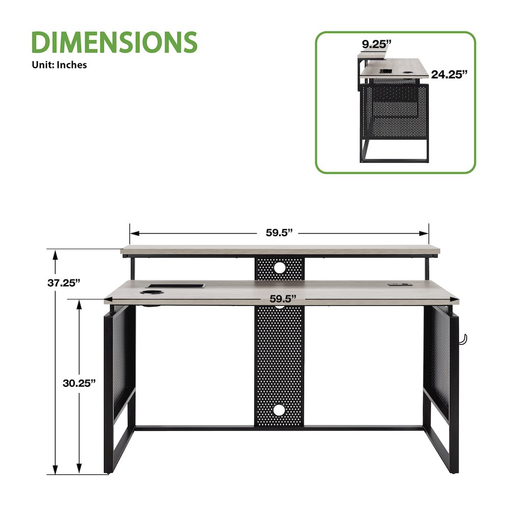Ace 60″ Desk with Hutch in Grey Taupe Top and Matte Black Frame