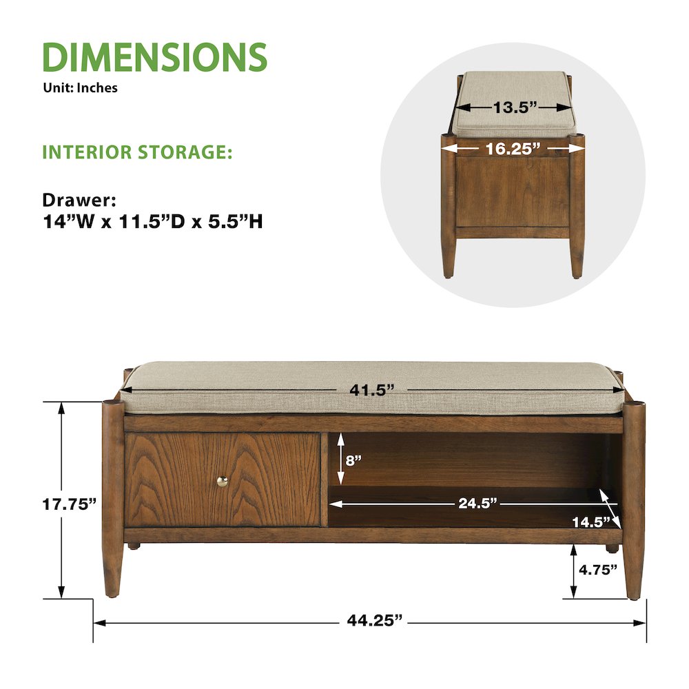 Marilyn Storage Bench with Walnut Wood finished and Brown Fabric Padded seat
