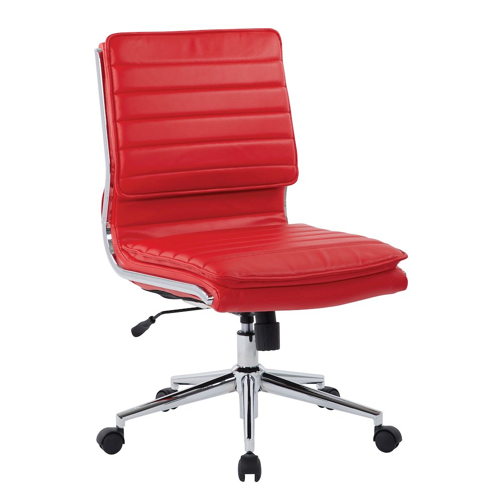 Armless Mid Back Manager’s Faux Leather Chair in Red with Chrome Base.