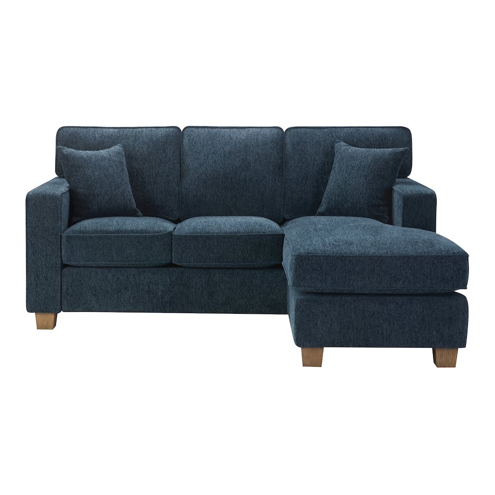 Sectional in Navy fabric with 2 Pillows and Medium Oak Finished wood Legs